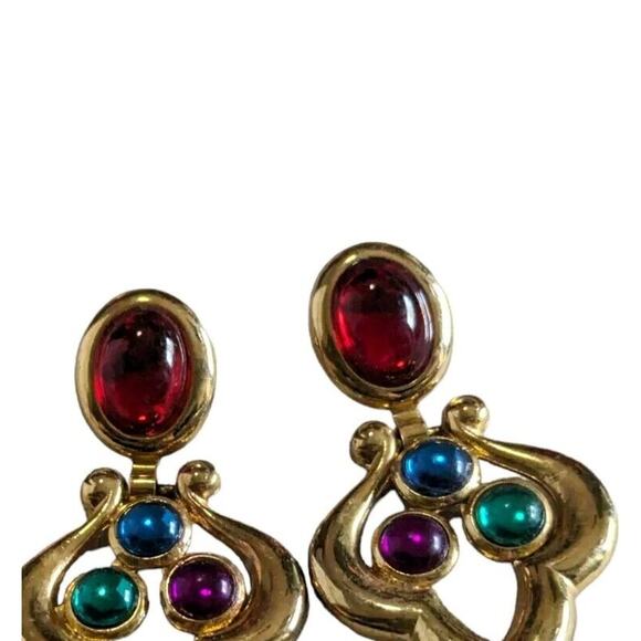 Vtg Gold Tone Gripoix Cabochon Drop Earrings purple green blue Red Colorful 80s - Picture 6 of 8